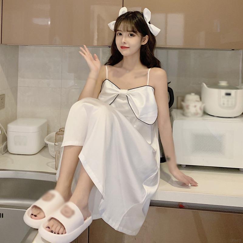 Đầm ngủ hai dây mỏng đính nơ thoải mái thời trang mùa hè Hàn Quốc