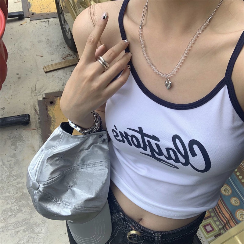 Áo Hai Dây Vải Cotton Màu Sắc Tương Phản In Chữ Thời Trang Cá Tính Cho Nữ  tao bao