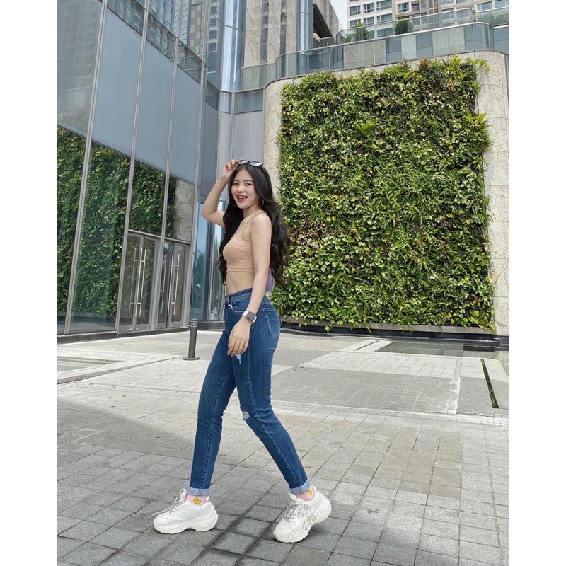 Quần momjeans rách lưng siêu cao