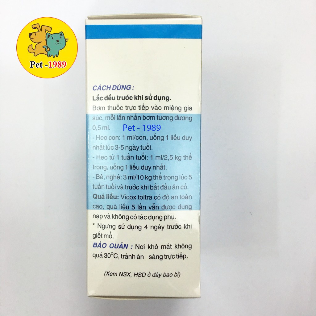 Vicox Toltra Dạng Xịt CHAI 120 ml.Phòng và diệt cầu trùng (phân sáp, phân nâu, phân máu) Heo con, nghé, bê . Pet-1989