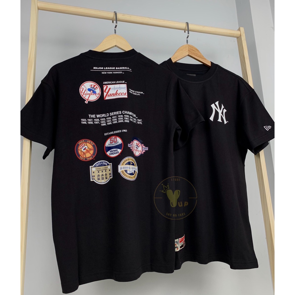 Áo new era chính hãng – áo thun unisex, màu đen logo NY và màu trắng - navy logo LA, nhiều sticker sau áo, thoáng mát