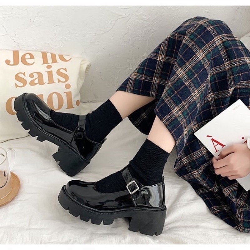 Giày Mary Jane Quai Cài, Giày Lolita Vintage Ulzzang Nữ Da Bóng Da Lì Phong Cách Hàn Quốc Cao 6cm