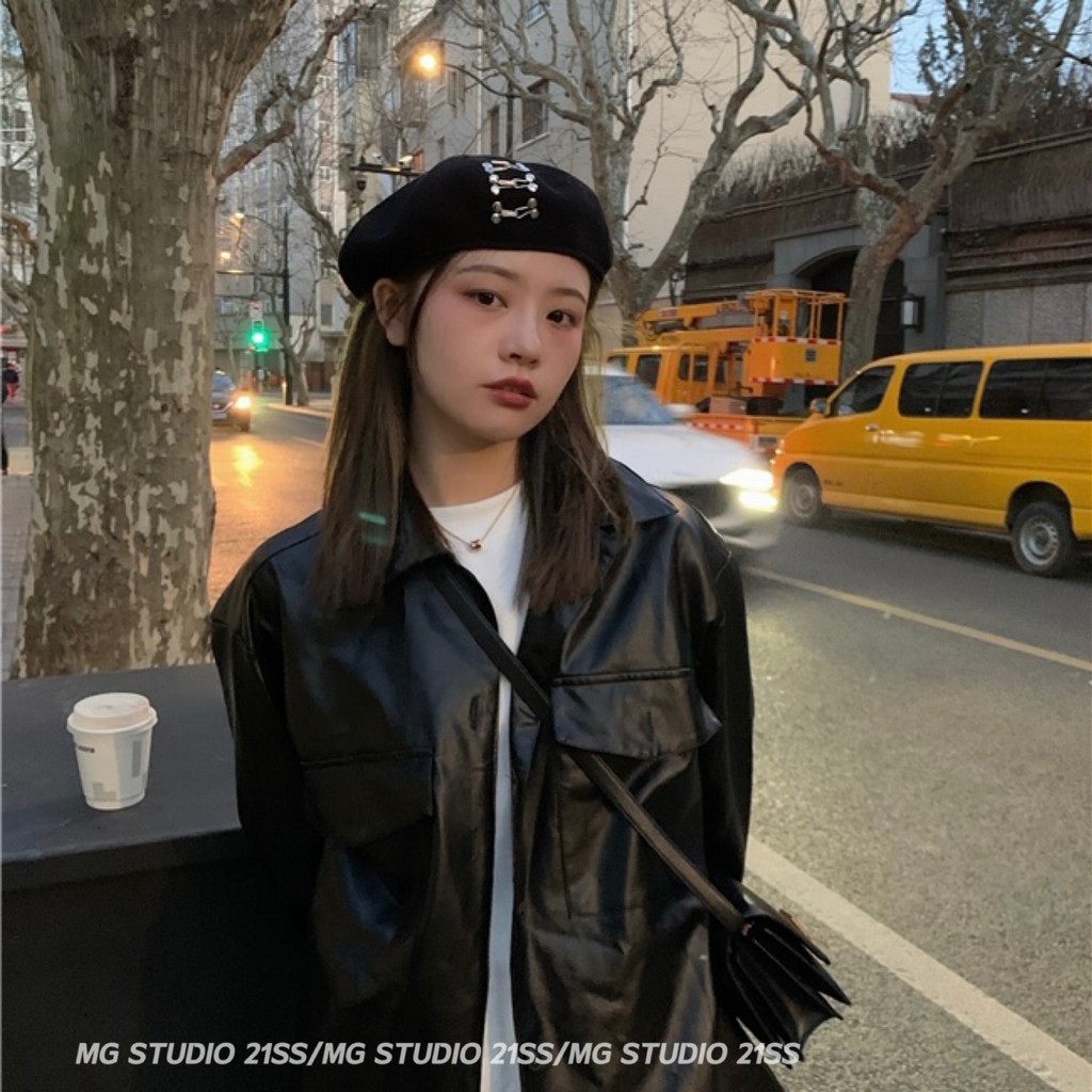 Mũ Beret MG STUDIO Chất Liệu Cotton Thiết Kế Khóa Cài Đinh Tán