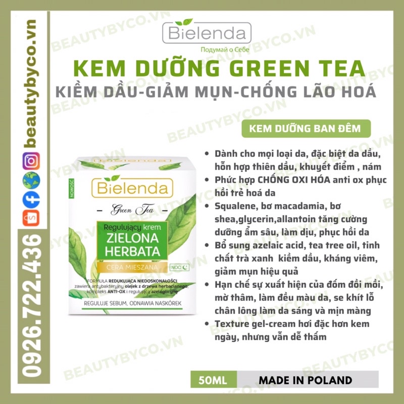Kem dưỡng Bielenda Green Tea- Trà xanh kiềm dầu, giảm mụn, thâm/ngừa mụn, phục hồi, trẻ hoá da