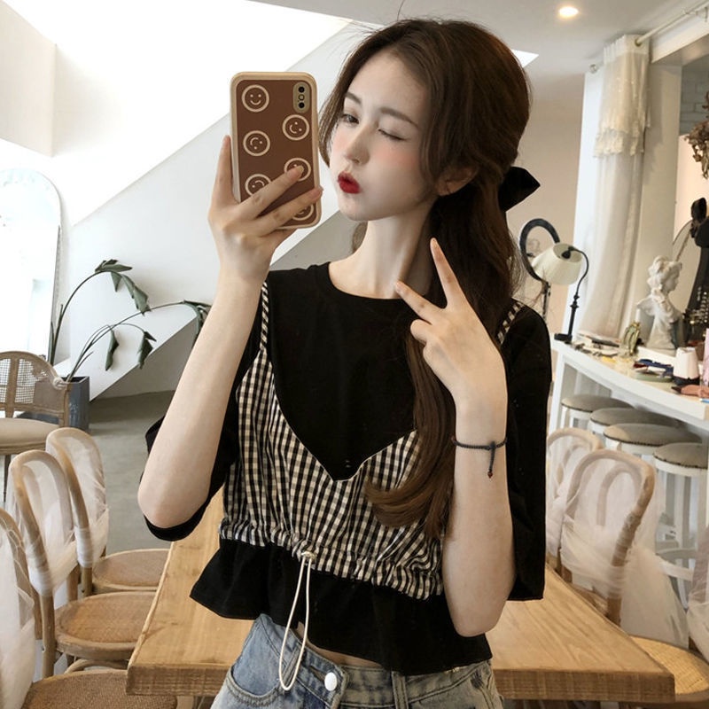 Áo thun giả hai lớp tay ngắn dáng rộng màu đen/ màu trắng thời trang dành cho nữ