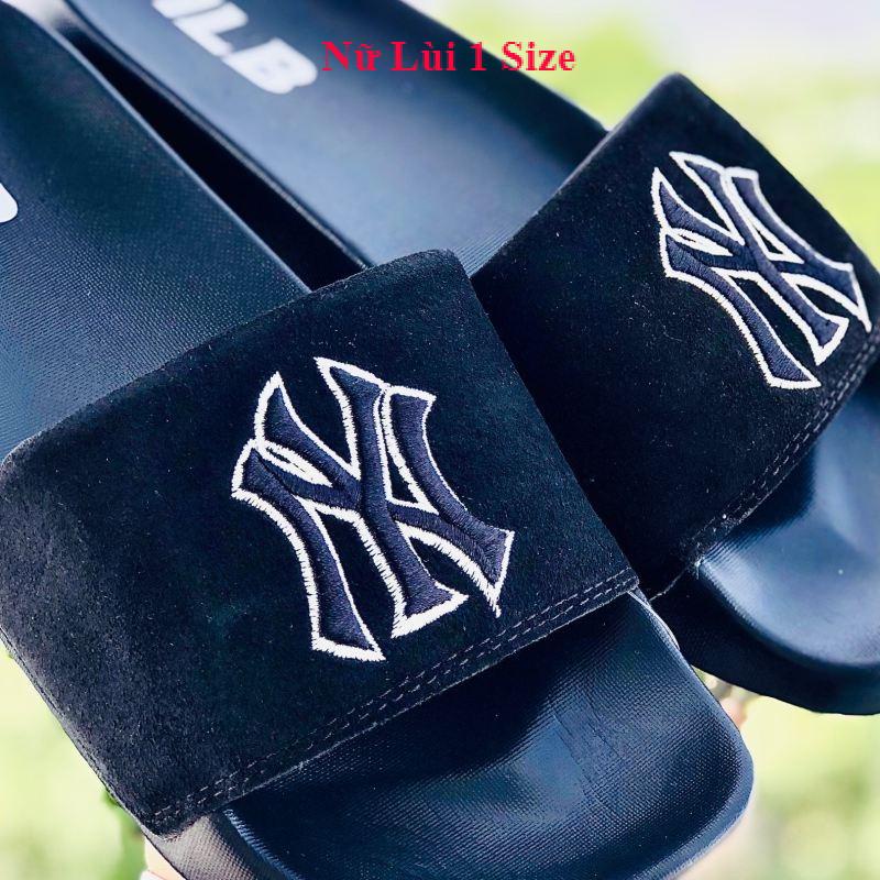 Dép unisex 𝐌𝐋𝐁 ❤️FREESHIP + Hộp❤️ dép mlb bóng chày quai ngang thể thao nữ in NY da lộn, đế ip bền, full-đen