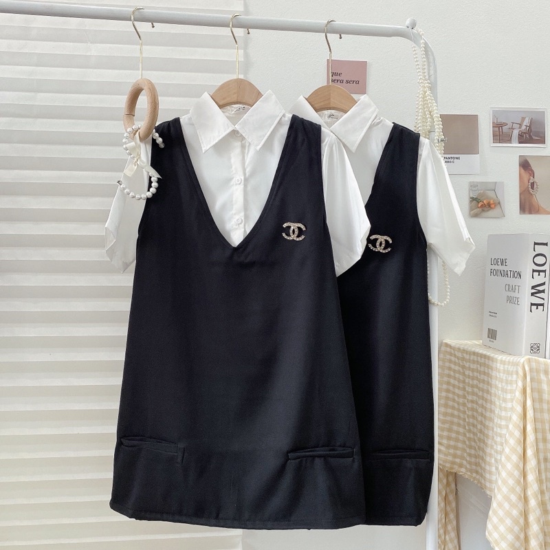 Set Đầm Yếm Đen + Áo Sơ Mi Trrắng Bên Trong Dáng Suông Nữ Tính Che Khuyết Điểm (tặng kèm phụ kiện cài áo đính đá)