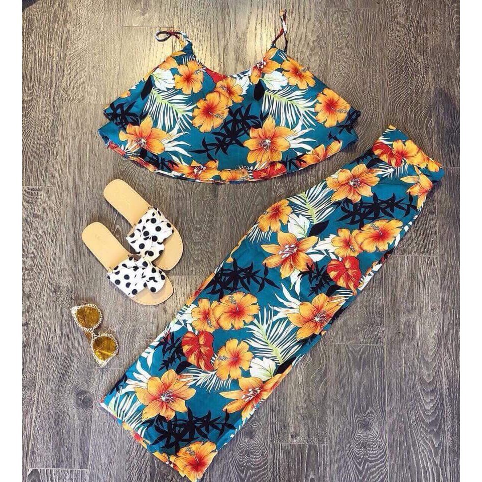 [ xả kho ] HS Set quần dài+áo 2 dây hoa to