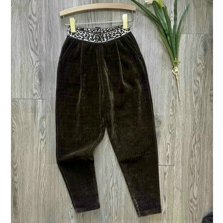 Quần baggy nữ cạp cao chun họa tiết dáng dài vải nhung tăm cao cấp màu đen nâu - Quần vải nữ công sở co giãn mặc đi học
