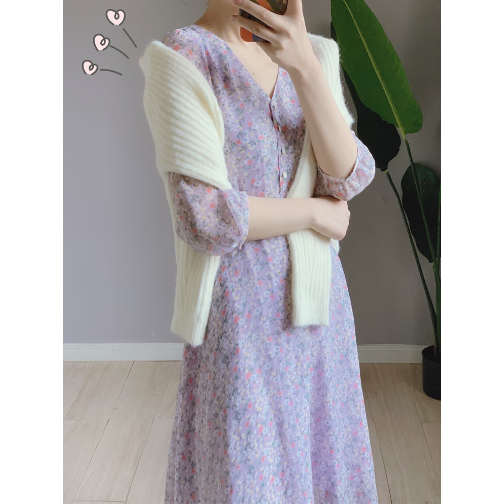 Váy voan hoa nhí màu tím Pastel nhẹ nhàng tiểu thư dáng dài tay lỡ