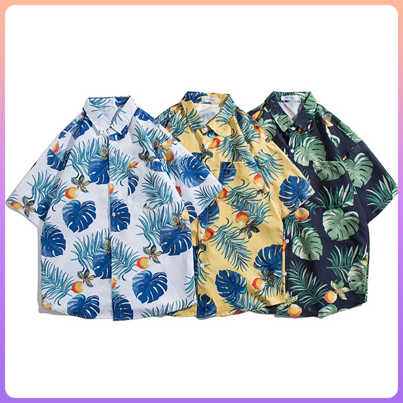 (M ~ 3XL) Áo sơ mi nam tay ngắn với hoa văn ấn tượng, phong cách nghỉ dưỡng bãi biển