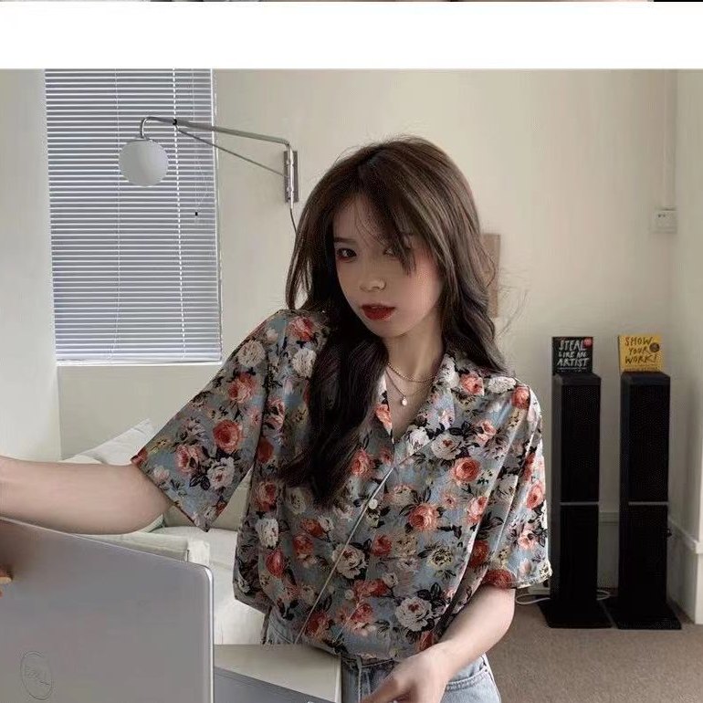 SUXI Áo sơ mi tay ngắn cổ chữ V hoạ tiết hoa thời trang phong cách retro