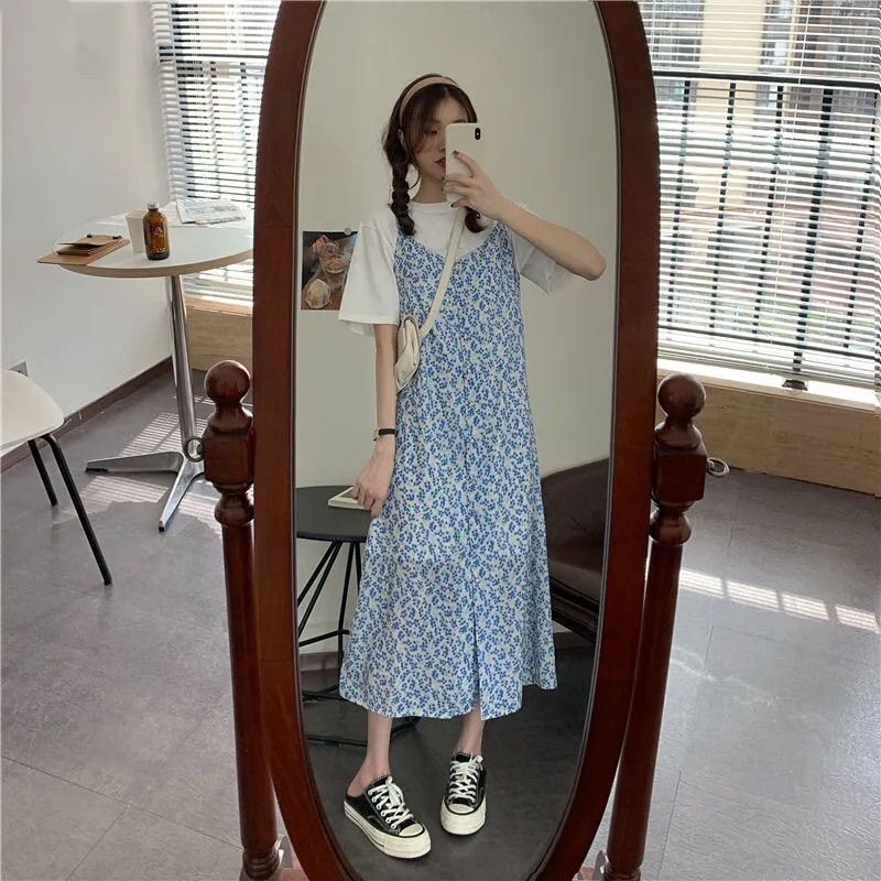 Set Áo Trắng + Váy Maxi Hai Dây Xanh Hoa Nhí Ulzzang Nữ M31