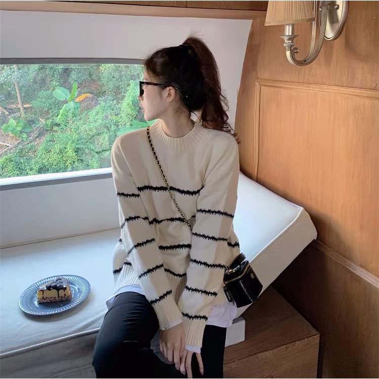 Áo len chui đầu cổ 3 phân JUNE kẻ sọc ngang nhỏ dày dặn dáng rộng