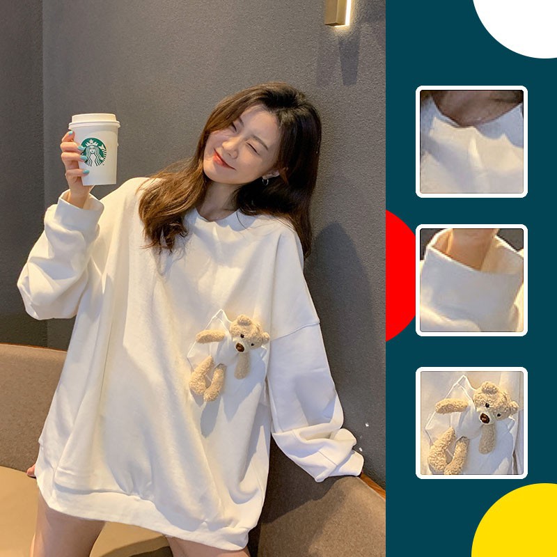 Áo sweater vải cotton mỏng dáng rộng cổ tròn có túi họa tiết chú gấu đáng yêu | BigBuy360 - bigbuy360.vn