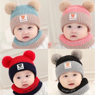 Set mũ len kèm khăn len ống dày dặn ấm áp cho bé, Mũ len kèm khăn len ống cho bé trai bé gái