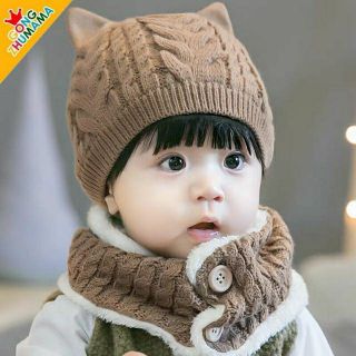 Set mũ len tai mèo kèm khăn len lót lông siêu ấm cho bé