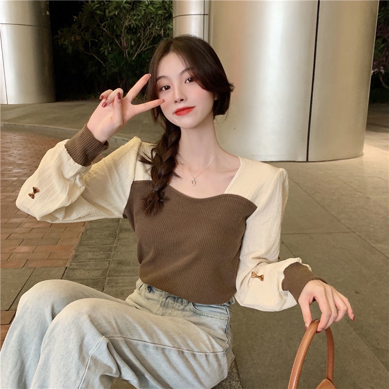 Áo kiểu tay dài cổ vuông thiết kế mới thời trang theo phong cách pháp dành cho nữ