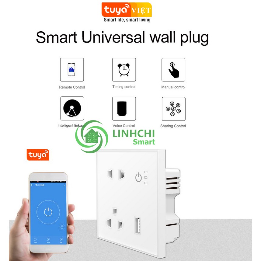 Ổ cắm điều khiển từ xa Tuya Zigbee 3.0 tải công suất 16A tích hợp cổng sạc USB  chuẩn Vuông mặt kính cảm ứng màu trắng