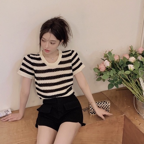 Áo Thun Tay Ngắn Họa Tiết Sọc Ngang Phong Cách Mới Dành Cho Nữ