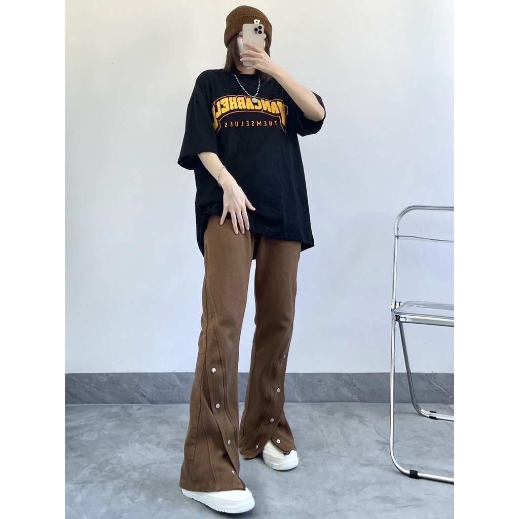 Quần Jeans Nữ Dài Lưng Cao Ống Rộng Xẻ Tà Thời Trang