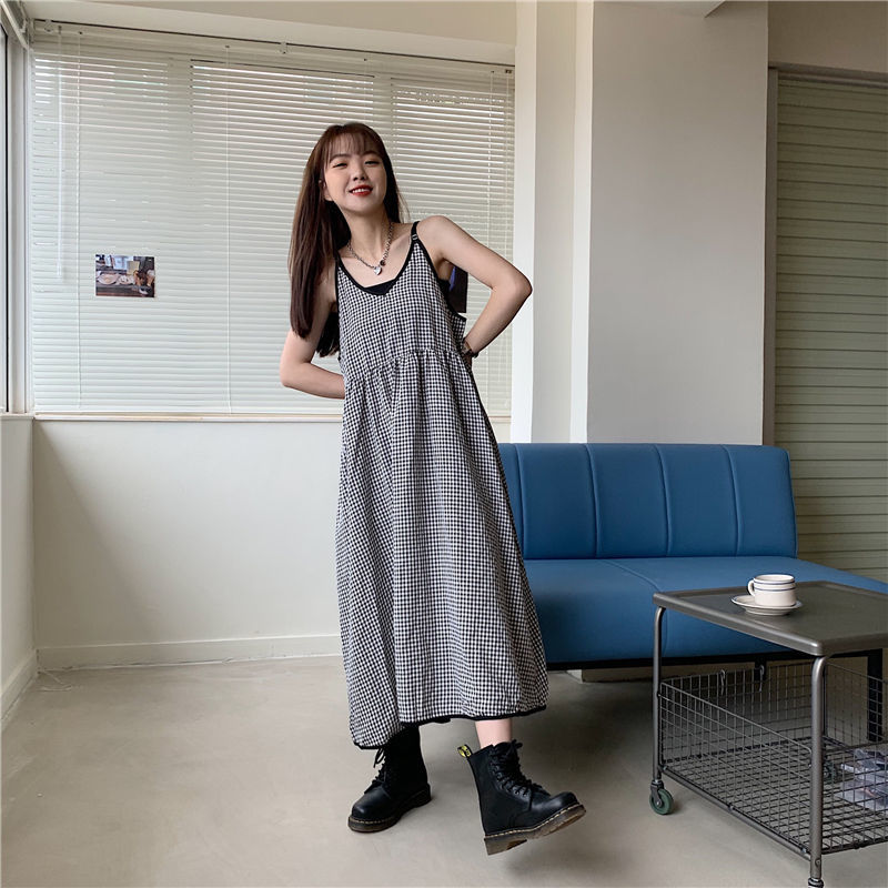 Đầm Nữ Cổ Chữ V Eo Thắt Dây Sọc Caro Thời Trang