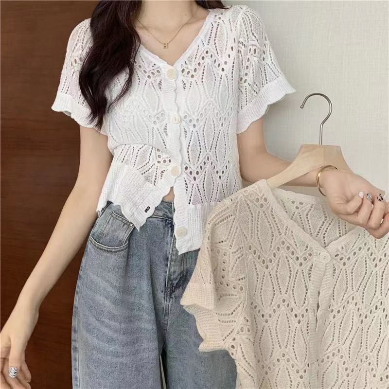 Thời Trang Áo Khoác Cardigan Tay Ngắn Vải Mỏng Thiết Kế Đục Lỗ Cá Tính