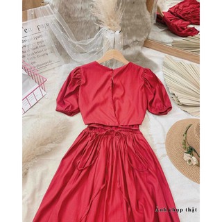 Đầm xoè đan dây lưng tay phồng