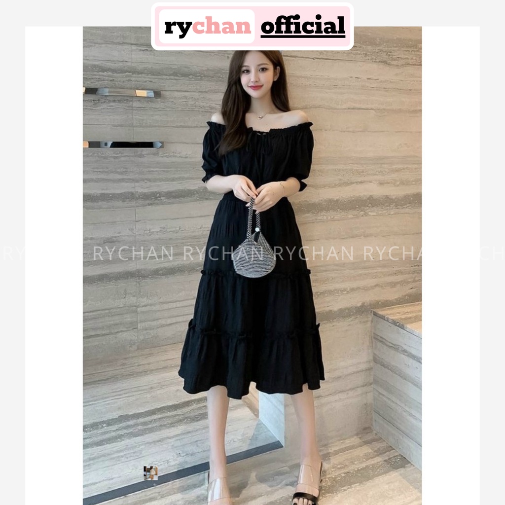 Đầm Xòe Midi Đen Trễ Vai Thắt Nơ Ngực - DX0052