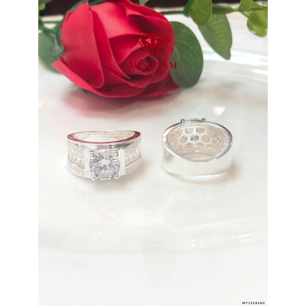 Nhẫn bạc nam ổ đá chủ 7 ly bạc 950,Nhẫn nam ổ đá cao 7 ly bạc 950 cao cấp-Minh Tâm Jewelry