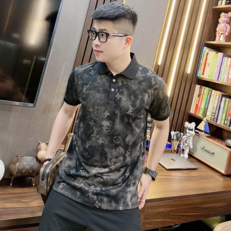 Áo polo nam tay ngắn áo thun nam có cổ in hình LV vải cotton cao cấp không xù lông form chuẩn mầu đen trắng thun lạnh