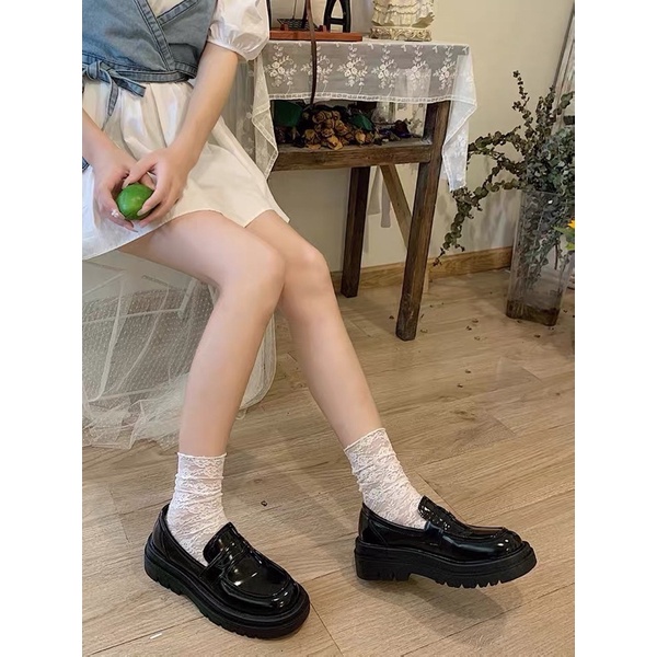 Giày loafer oxford đen bóng đế cao học sinh vintage ulzzang Hàn Quốc Yannie