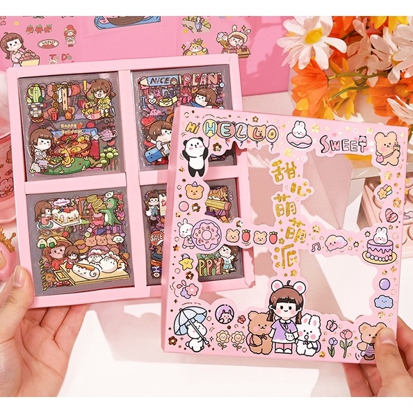 Hộp Set 100 Sticker Trong Suốt Trang Trí Sổ Tay Cute Mũ Bảo Hiểm Bullet Journal Hello Sweet ST2