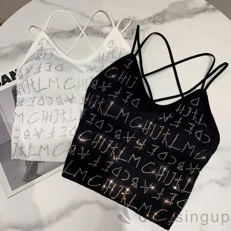 Áo Hai Dây Mỏng Hở Lưng In Chữ Đính Đá Cho Nữ