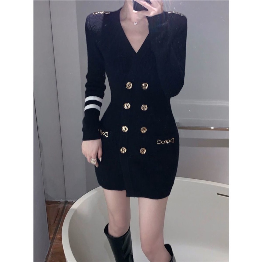 Áo đầm nhấn eo cổ chữ V tay dài thời trang mùa thu 2021