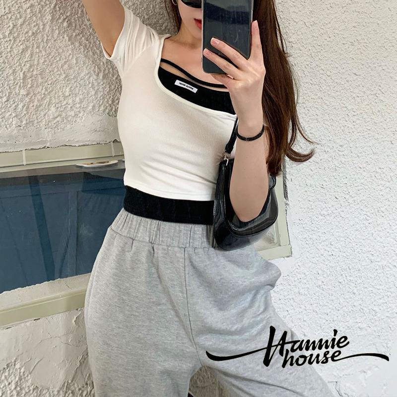 Áo thun tay ngắn cổ chữ U màu sắc trẻ trung cho nữ