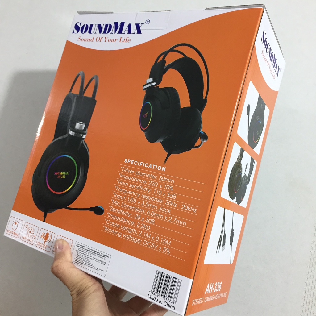 Tai nghe gaming chụp tai 2 chân cắm LED RGB hiện đại SOUNDMAX AH-336