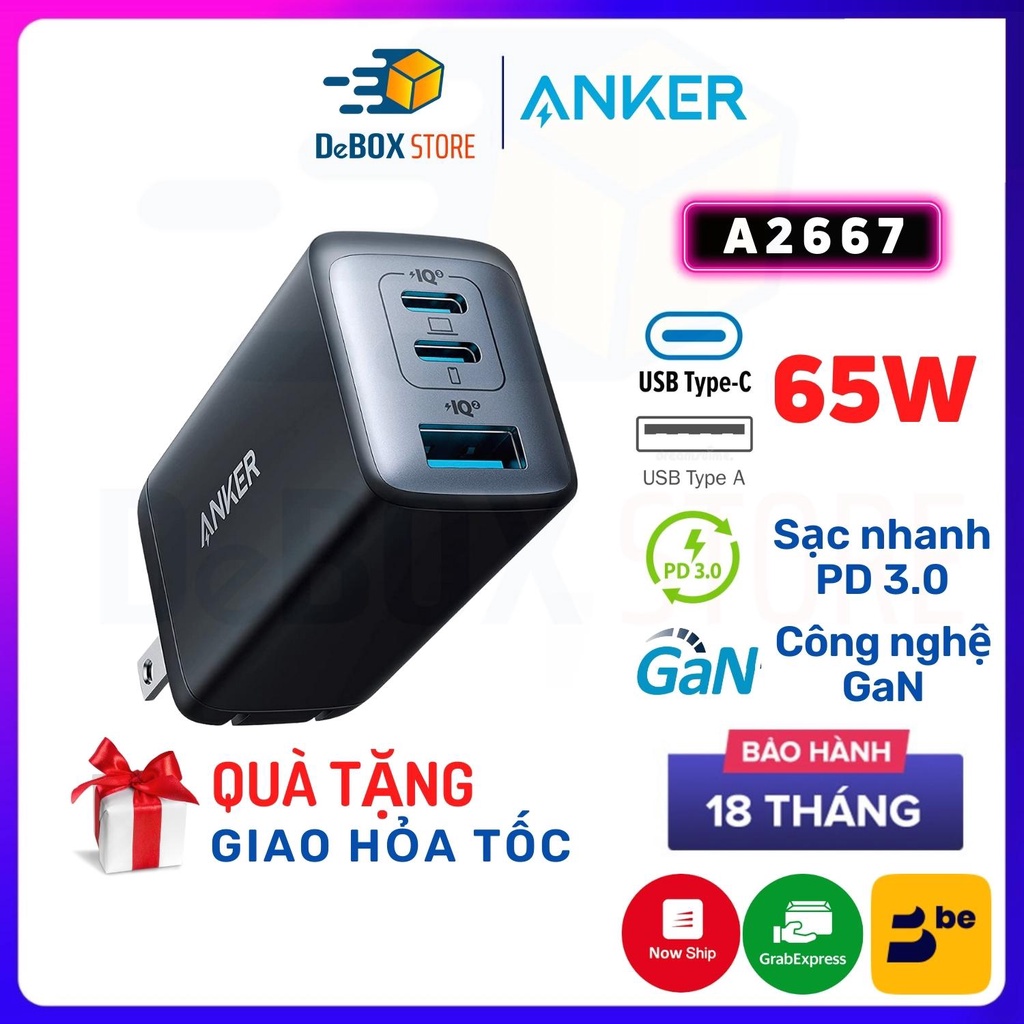 Củ Sạc Nhanh Anker PowerPort III 3-Port 65W GaN II - Công Nghệ PD/PPS/QC4.0 65W A2667 - Chính Hãng BH 18T