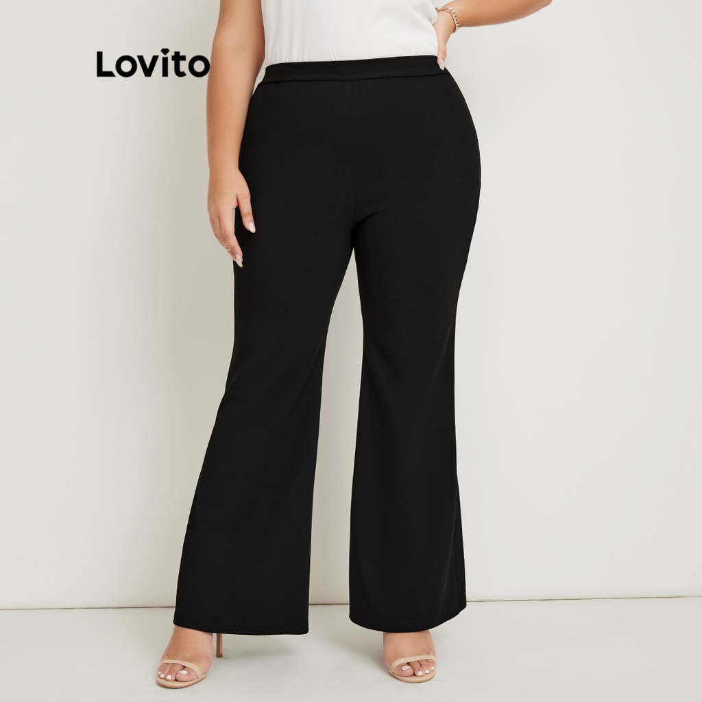 Quần dài Lovito bigsize curve Chân loe thắt lưng đàn hồi trơn Tao nhã LPS02020 (Đen)