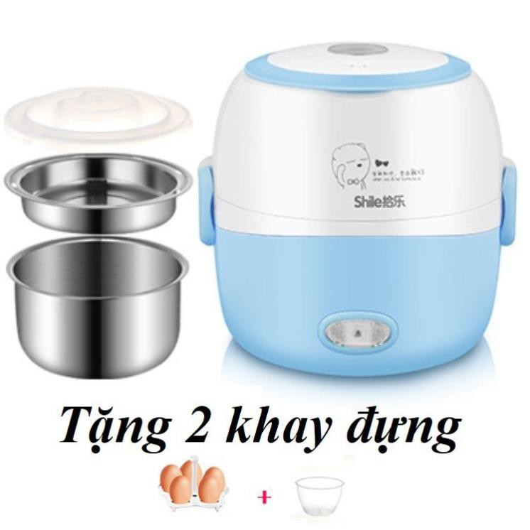 Nồi cơm điện mini 2 tầng inox 1.2 lít Hộp ủ cơm cắm điện, nấu mì, hâm nóng đồ ăn tiện dụng đa năng B2