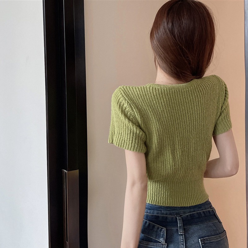 Áo Thun Dệt Kim Ngắn Tay Màu Sắc Đơn Giản Phong Cách Hàn Quốc