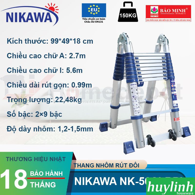 Freeship Thang nhôm rút đôi chữ A Nikawa NK-56AI PRI - 5.6 mét - Có bánh xe