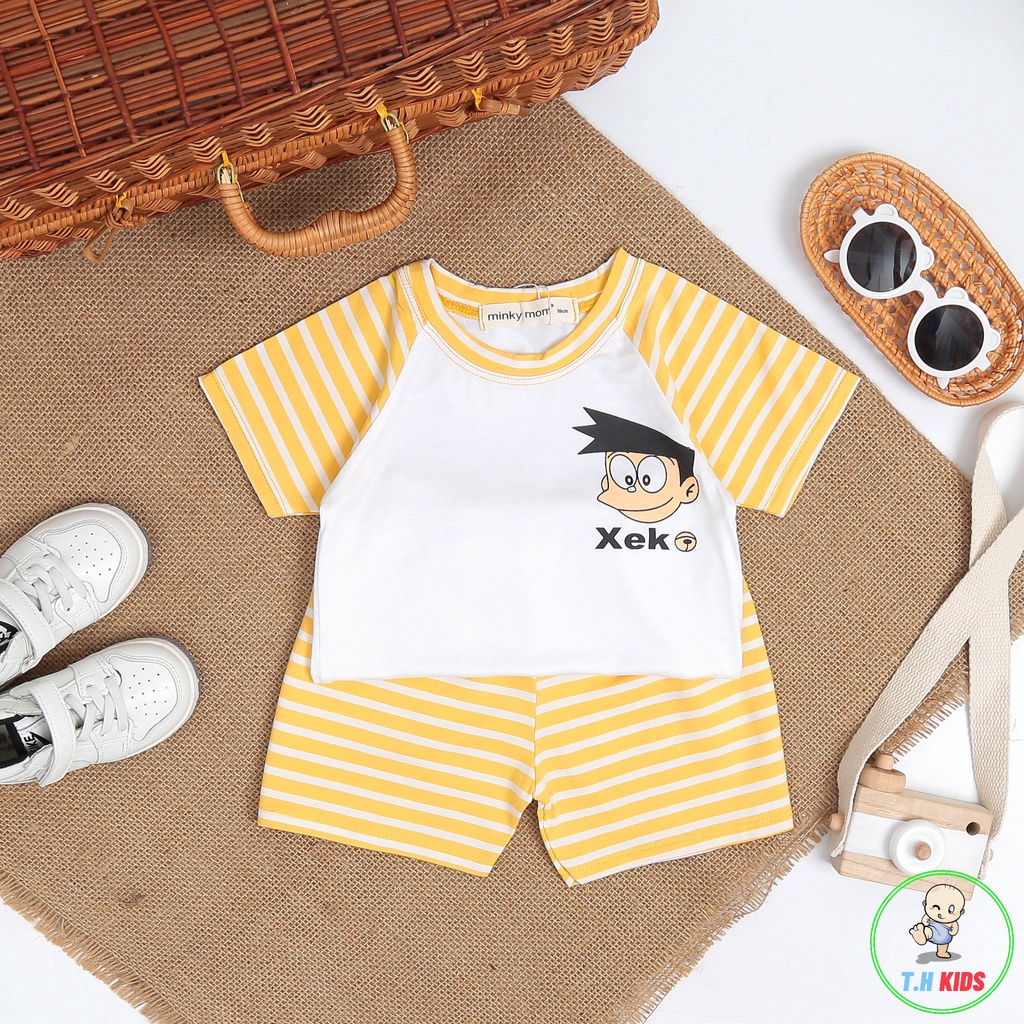 [Bé 7-19kg] XẢ KHO - Bộ ngắn tay thun lạnh phối tay sọc dệt Minky mom cho bé trai bé gái từ 7-19kg