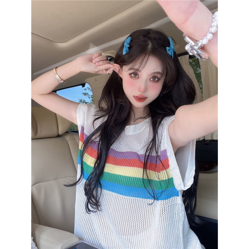 Jiashucheng Áo Dệt Kim Chui Đầu Dáng Rộng Tay Ngắn Cổ Tròn Họa Tiết Sọc Cầu Vồng Rỗng Nhẹ Nhàng Trong Suốt Phong Cách Năm Mới Mùa Hè Cho Nữ