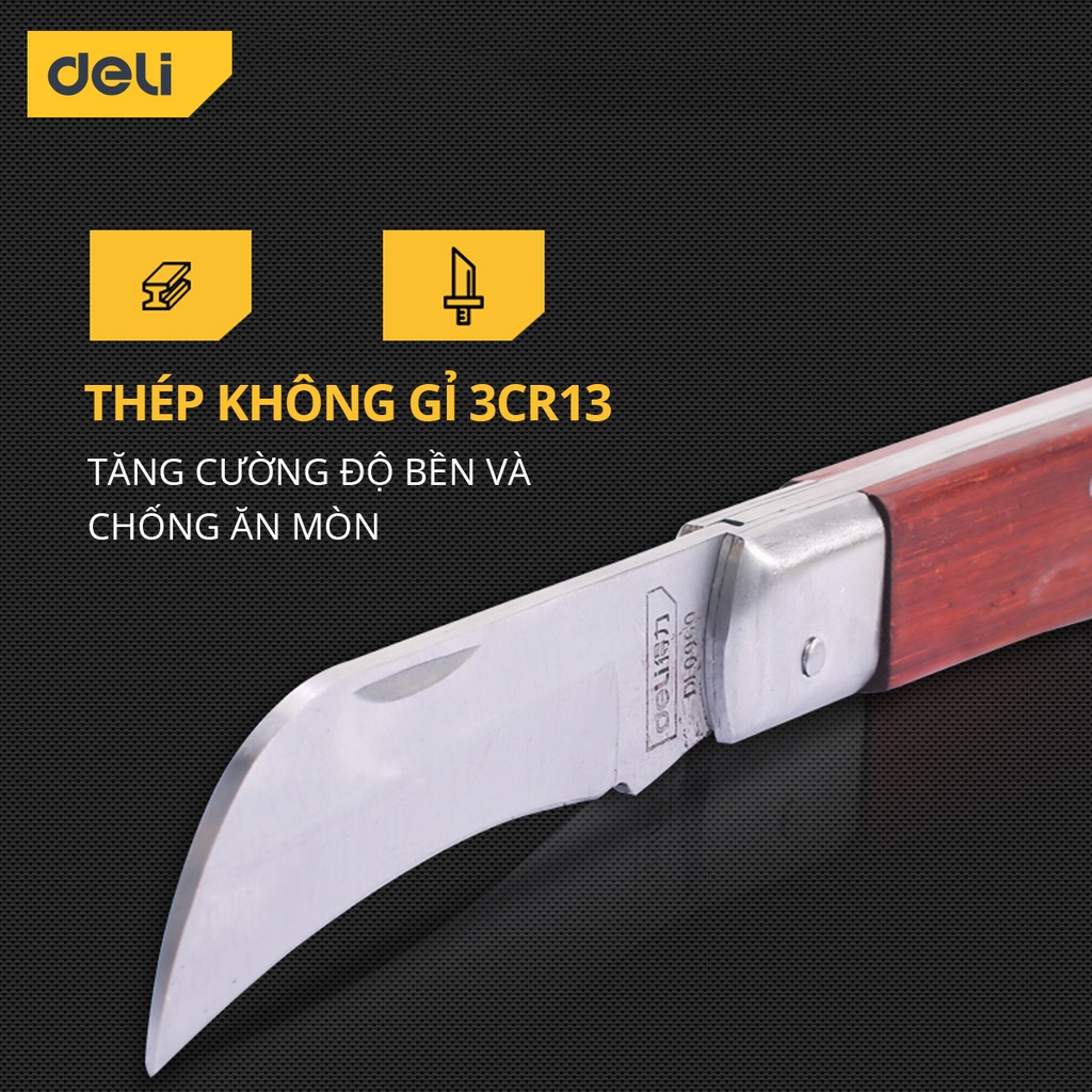 Dao Tuốt Dây Điện Deli Cán Gỗ - Chất Liệu Thép Không Gỉ Siêu Bền - Sử Dụng Đa Năng - DL0060