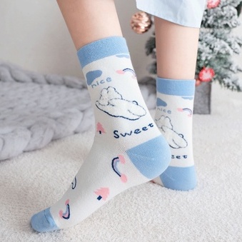 Tất Nữ Cao Cổ Màu Xanh Trắng Dễ Thương, Chất Liệu Vải Hàn Co Giãn Thoáng Khí