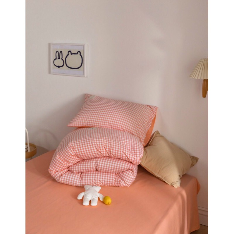 Set chăn ga cotton tici phối kẻ caro