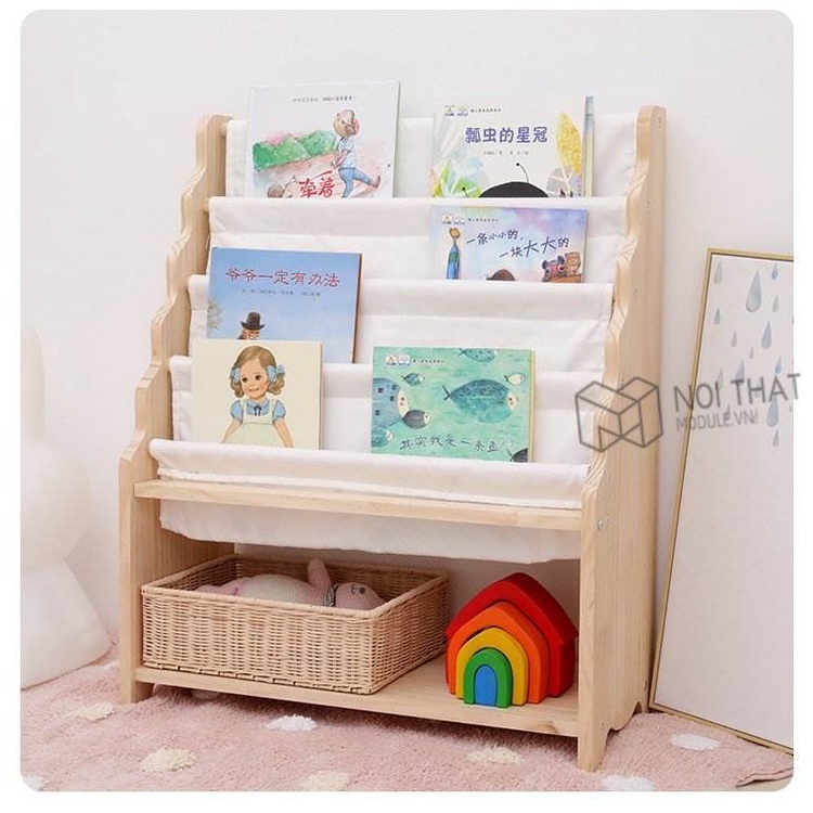 Kệ sách 4 tầng montessori, giá sách kèm hộc đổ đồ tiện lợi - chất liệu gỗ thông nhập khẩu hàng loại 1