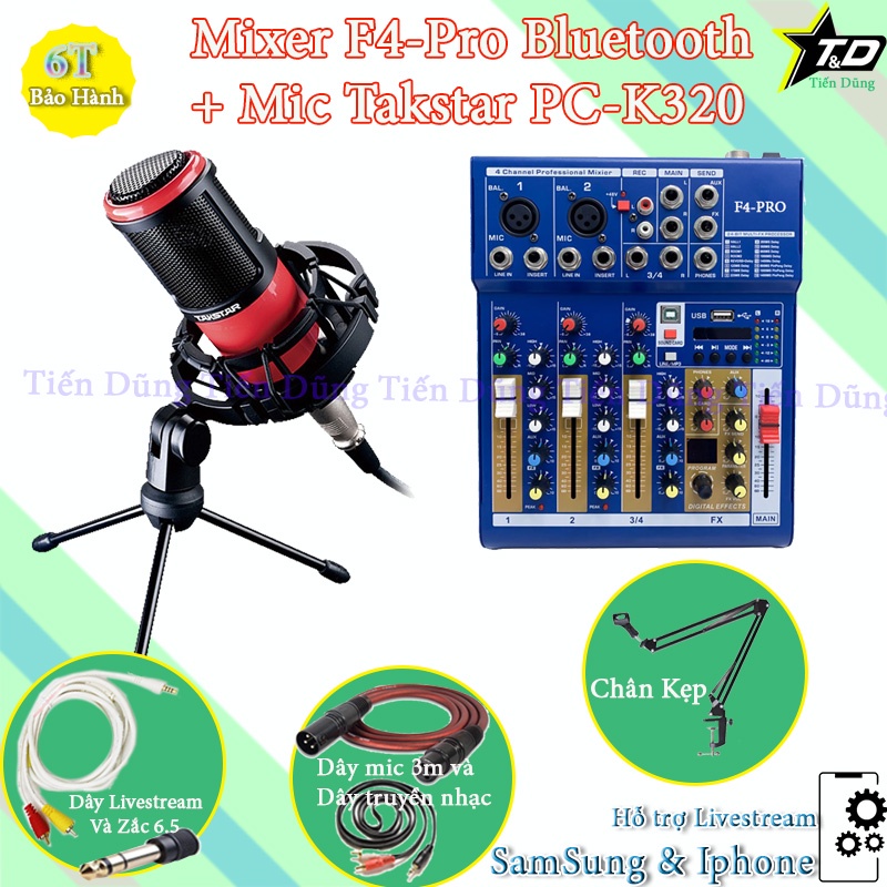 Bộ Mic Hát Livestream Mixer F4 PRO và Mic TAKSTAR PC K320 Chân Đế Dây Livestream Chế Dây Truyền Nhạc Dây mic 3m zắc 6.5.