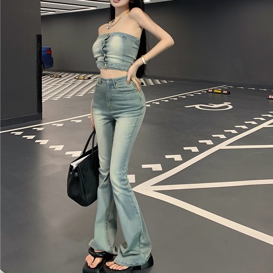 Set Áo Ống Ngắn Lưng Cao + Quần Jean Lưng Cao Co Giãn Thời Trang Mùa Hè Phong Cách Hàn Quốc Cho Nữ